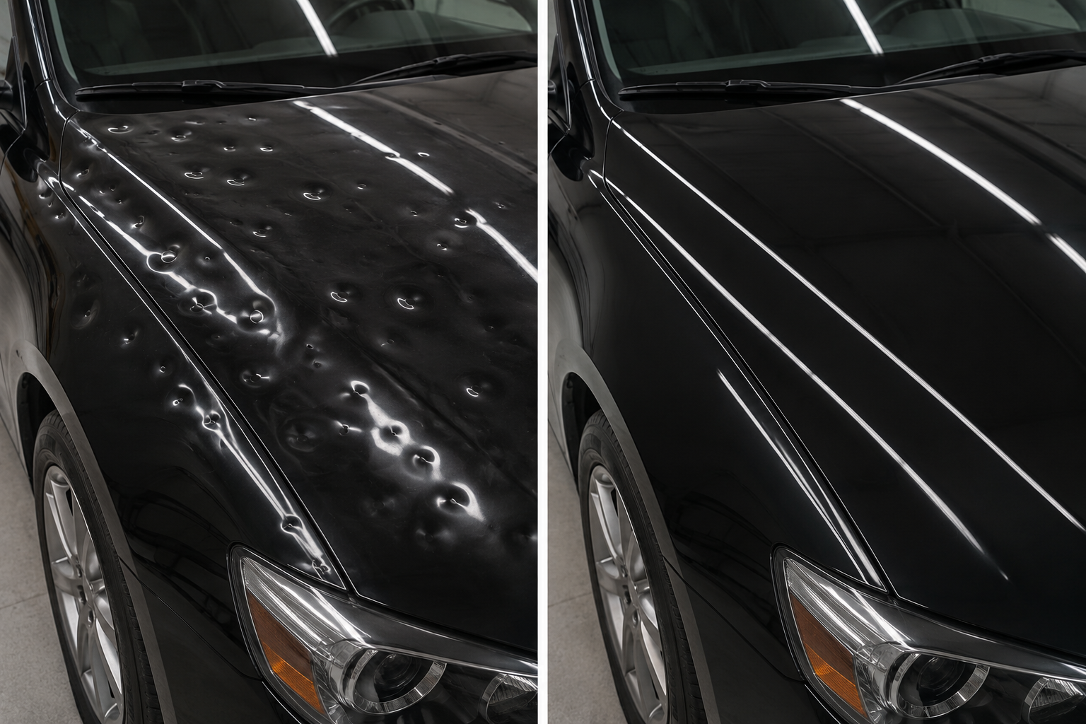 Before and after comparison of a hail-damaged vehicle panel restored by AG7 Hail